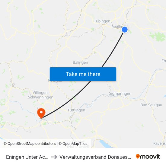 Eningen Unter Achalm to Verwaltungsverband Donaueschingen map