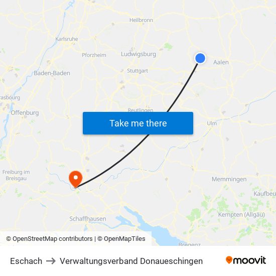 Eschach to Verwaltungsverband Donaueschingen map