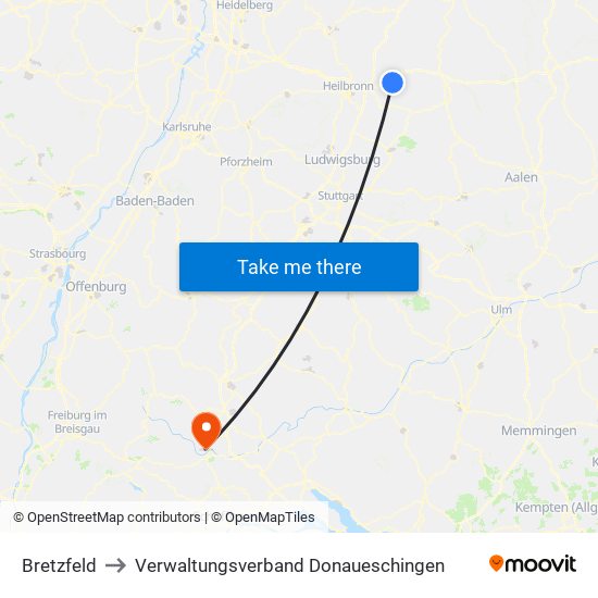 Bretzfeld to Verwaltungsverband Donaueschingen map