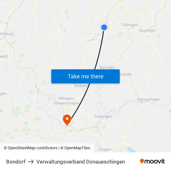 Bondorf to Verwaltungsverband Donaueschingen map