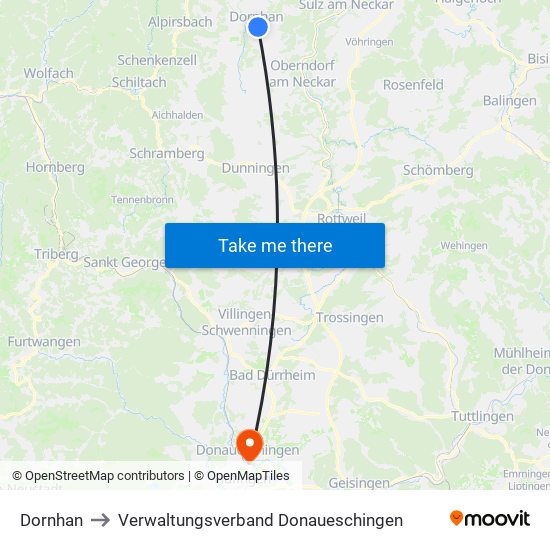 Dornhan to Verwaltungsverband Donaueschingen map