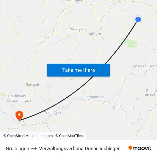 Gruibingen to Verwaltungsverband Donaueschingen map