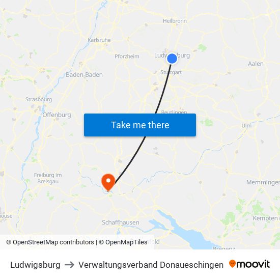 Ludwigsburg to Verwaltungsverband Donaueschingen map