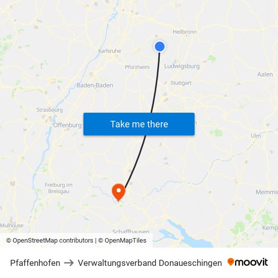 Pfaffenhofen to Verwaltungsverband Donaueschingen map