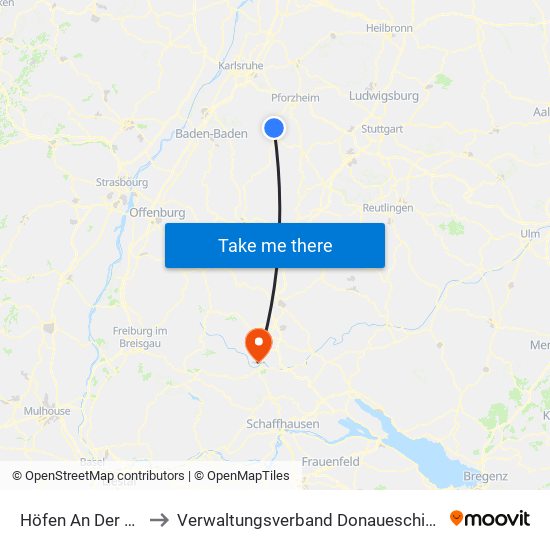 Höfen An Der Enz to Verwaltungsverband Donaueschingen map