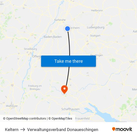 Keltern to Verwaltungsverband Donaueschingen map