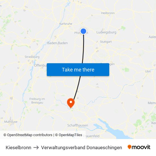 Kieselbronn to Verwaltungsverband Donaueschingen map