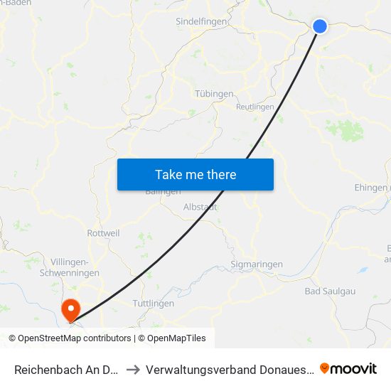 Reichenbach An Der Fils to Verwaltungsverband Donaueschingen map