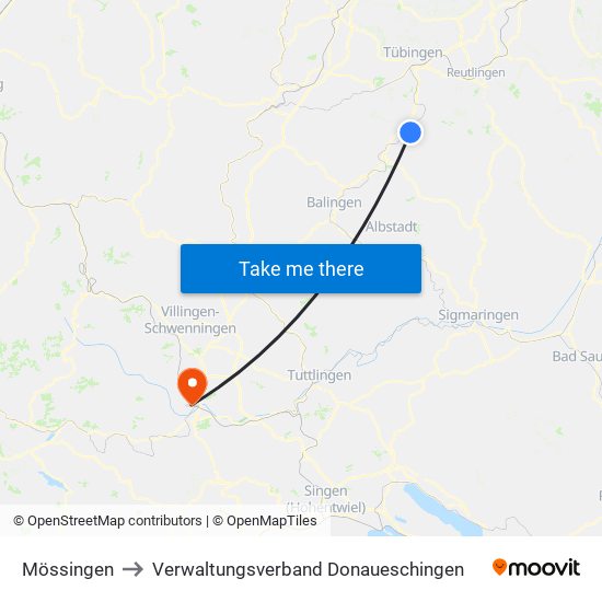 Mössingen to Verwaltungsverband Donaueschingen map