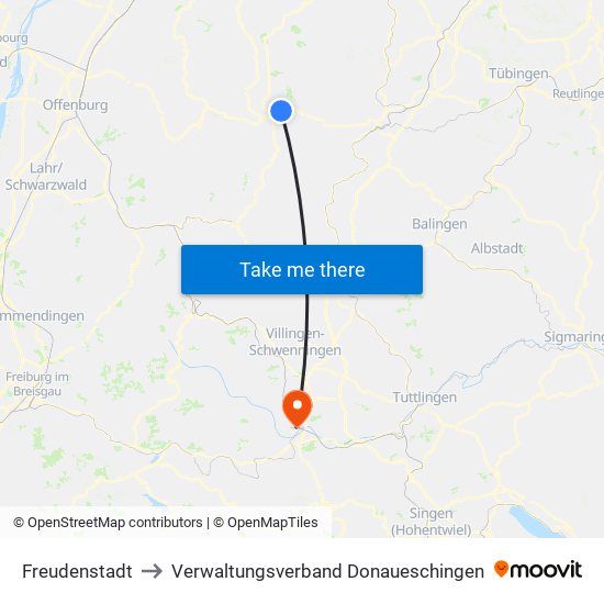 Freudenstadt to Verwaltungsverband Donaueschingen map