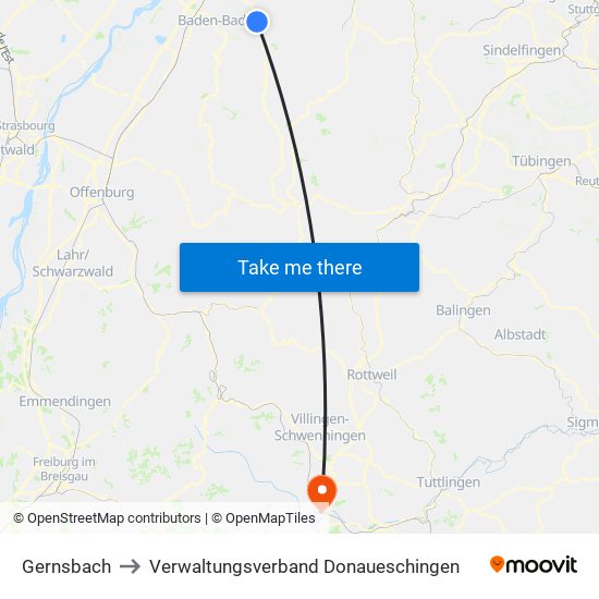 Gernsbach to Verwaltungsverband Donaueschingen map