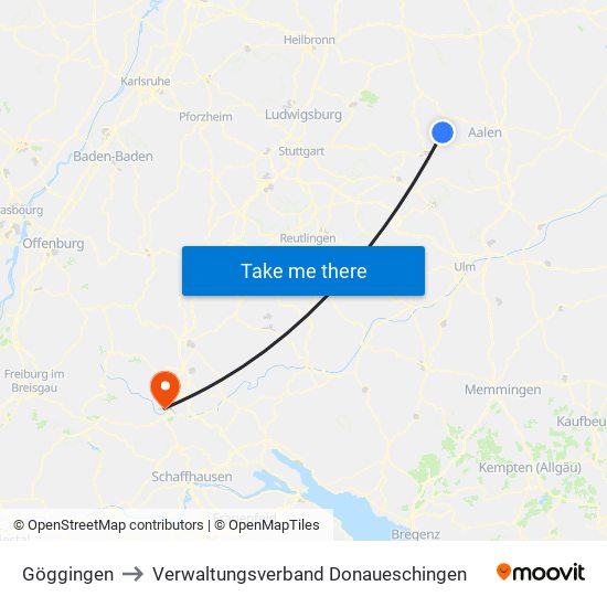 Göggingen to Verwaltungsverband Donaueschingen map