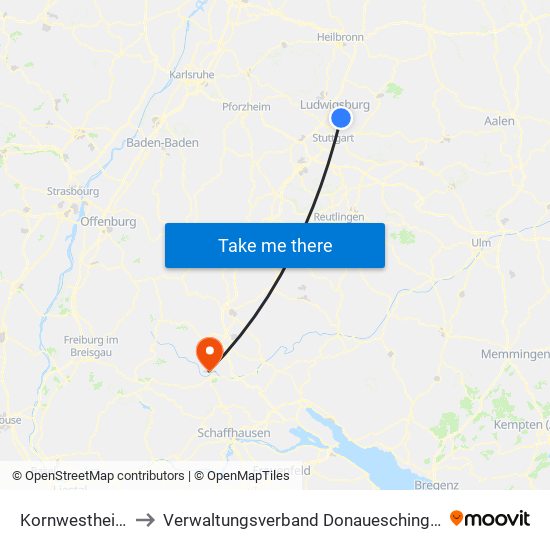 Kornwestheim to Verwaltungsverband Donaueschingen map
