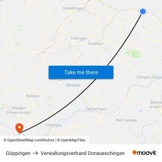 Göppingen to Verwaltungsverband Donaueschingen map