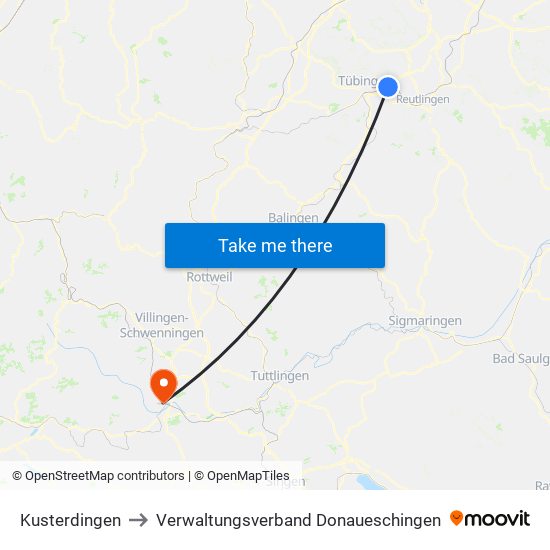 Kusterdingen to Verwaltungsverband Donaueschingen map