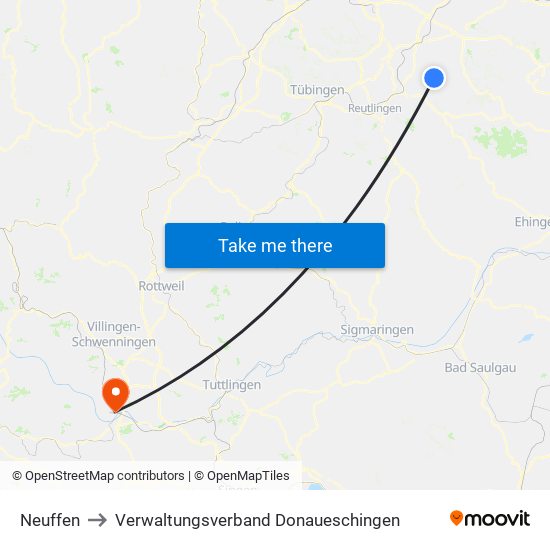 Neuffen to Verwaltungsverband Donaueschingen map