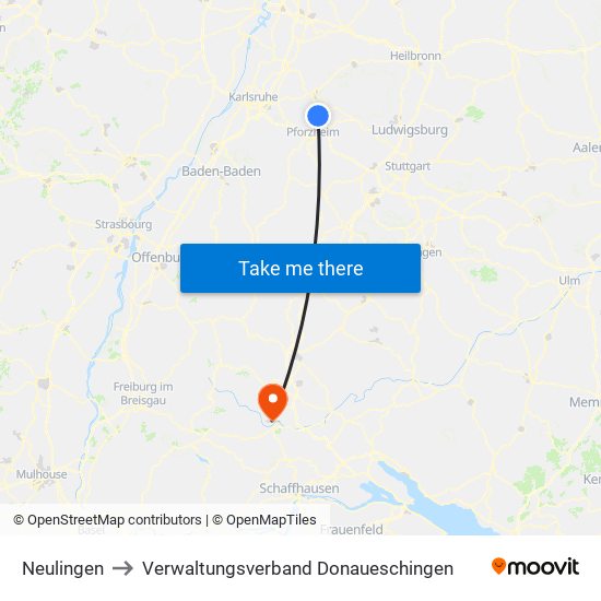 Neulingen to Verwaltungsverband Donaueschingen map