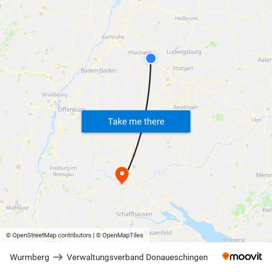 Wurmberg to Verwaltungsverband Donaueschingen map