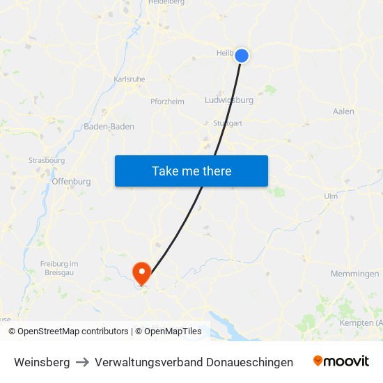 Weinsberg to Verwaltungsverband Donaueschingen map