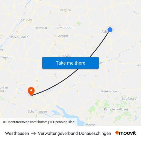 Westhausen to Verwaltungsverband Donaueschingen map