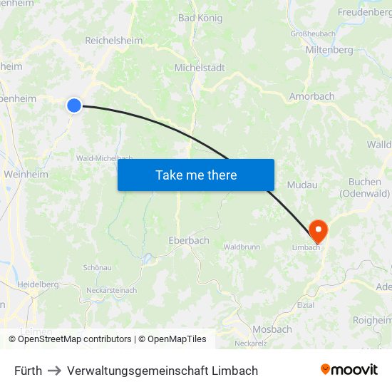 Fürth to Verwaltungsgemeinschaft Limbach map