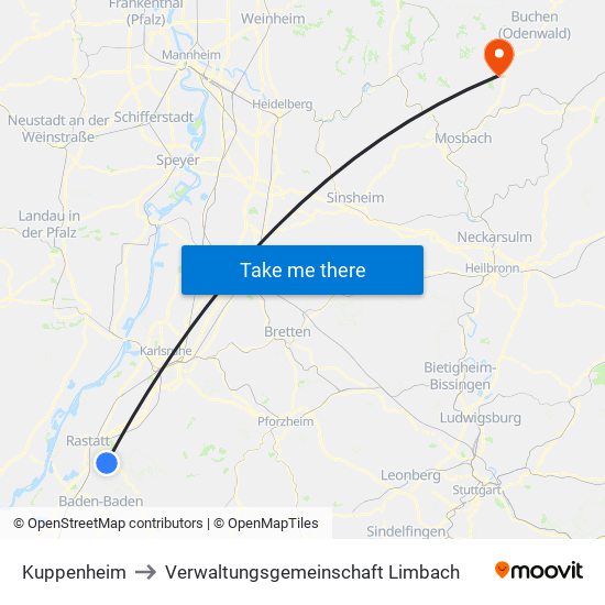 Kuppenheim to Verwaltungsgemeinschaft Limbach map