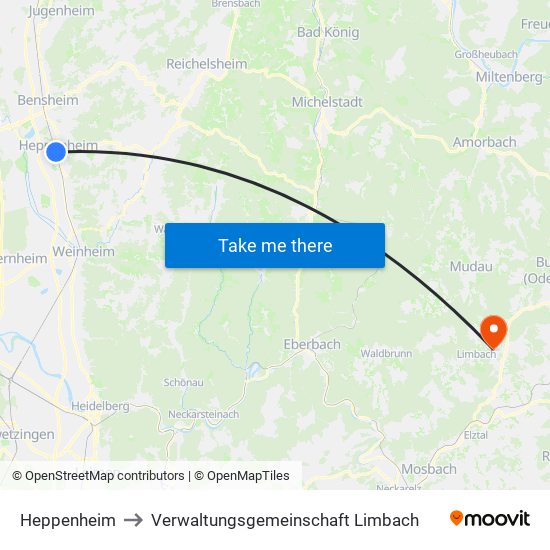 Heppenheim to Verwaltungsgemeinschaft Limbach map