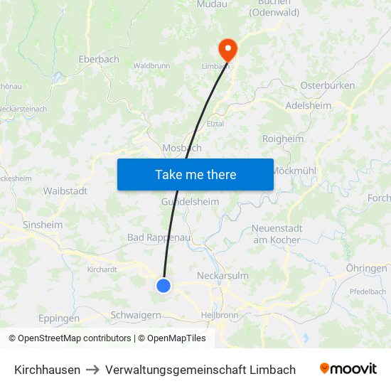 Kirchhausen to Verwaltungsgemeinschaft Limbach map