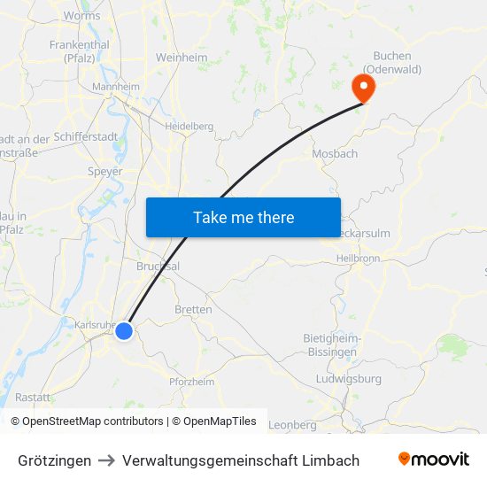 Grötzingen to Verwaltungsgemeinschaft Limbach map