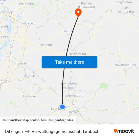 Ditzingen to Verwaltungsgemeinschaft Limbach map