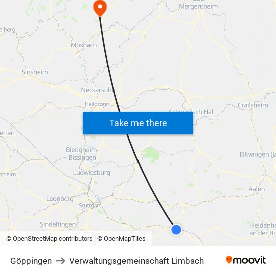 Göppingen to Verwaltungsgemeinschaft Limbach map