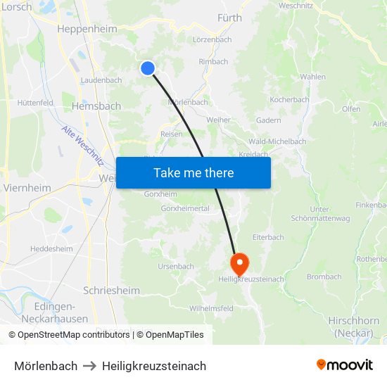 Mörlenbach to Heiligkreuzsteinach map