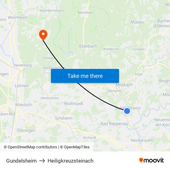 Gundelsheim to Heiligkreuzsteinach map