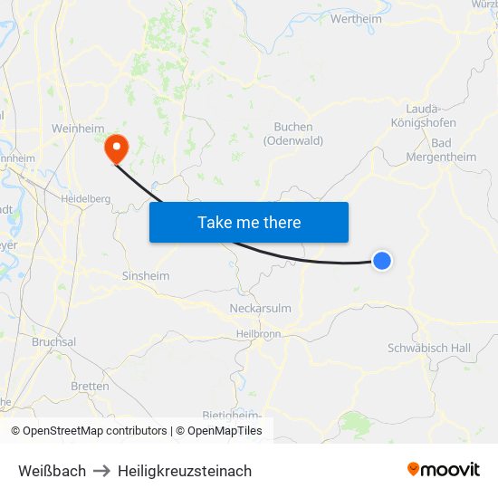 Weißbach to Heiligkreuzsteinach map