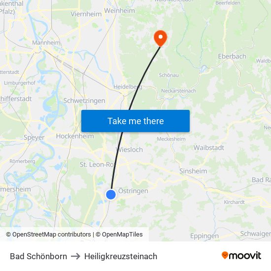 Bad Schönborn to Heiligkreuzsteinach map