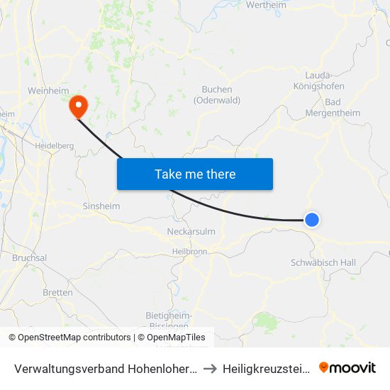 Verwaltungsverband Hohenloher Ebene to Heiligkreuzsteinach map