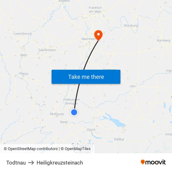 Todtnau to Heiligkreuzsteinach map