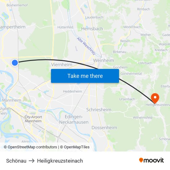 Schönau to Heiligkreuzsteinach map