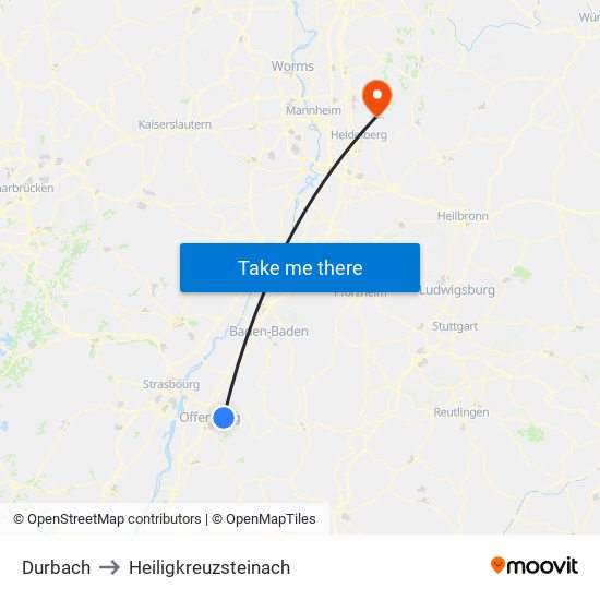 Durbach to Heiligkreuzsteinach map