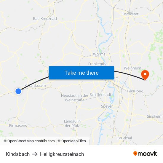 Kindsbach to Heiligkreuzsteinach map