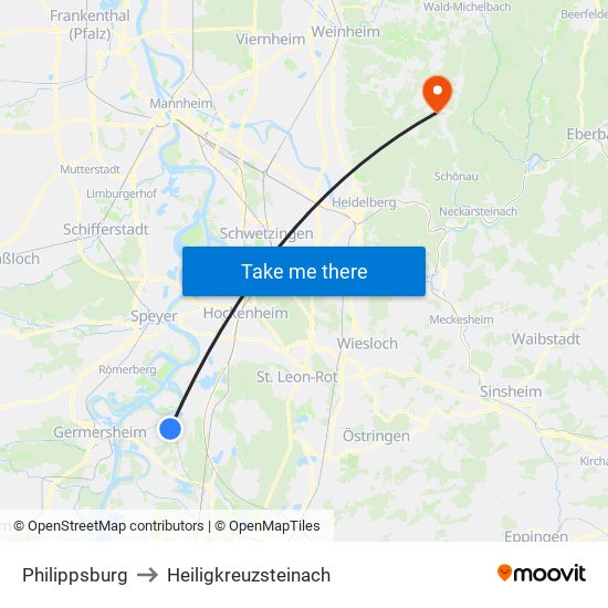 Philippsburg to Heiligkreuzsteinach map