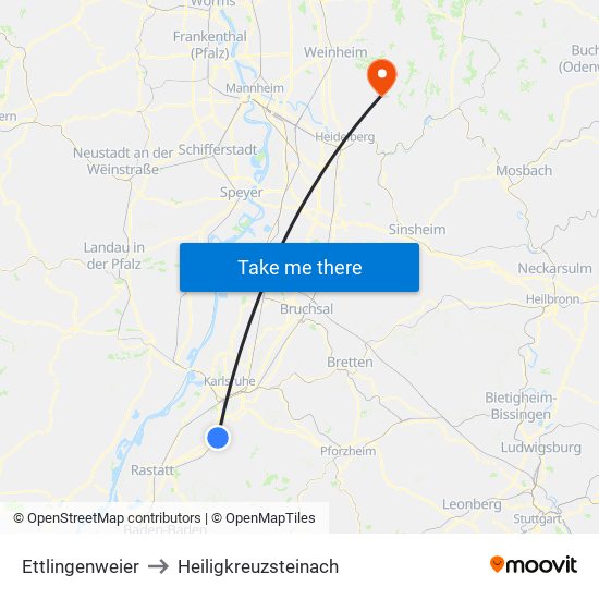 Ettlingenweier to Heiligkreuzsteinach map