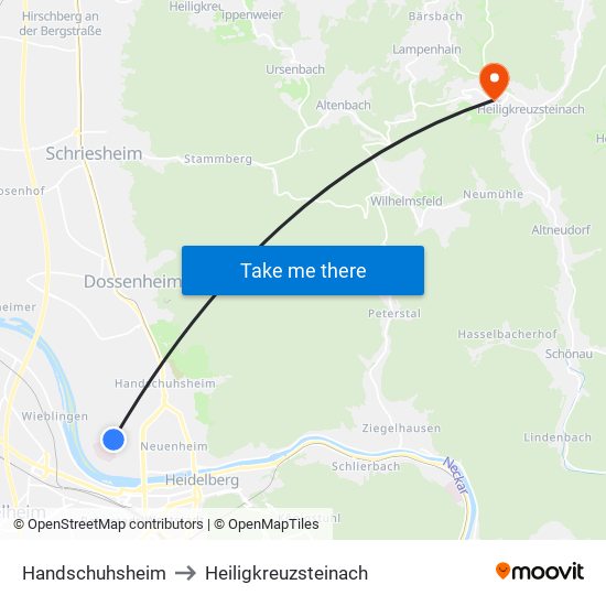Handschuhsheim to Heiligkreuzsteinach map