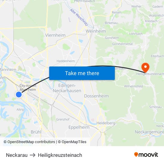 Neckarau to Heiligkreuzsteinach map