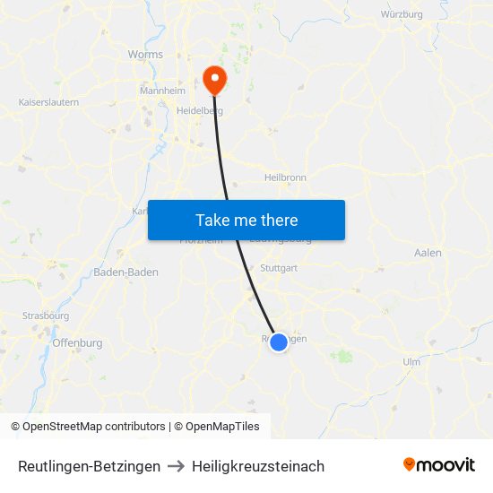 Reutlingen-Betzingen to Heiligkreuzsteinach map