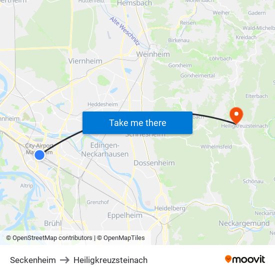 Seckenheim to Heiligkreuzsteinach map