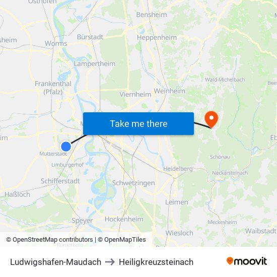 Ludwigshafen-Maudach to Heiligkreuzsteinach map