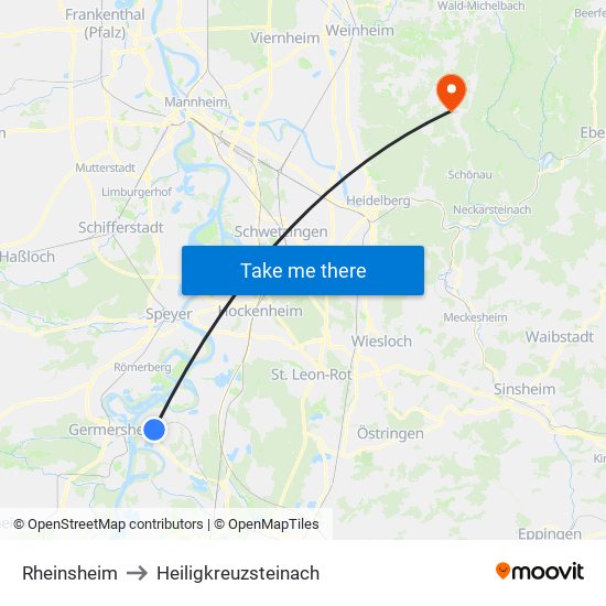 Rheinsheim to Heiligkreuzsteinach map