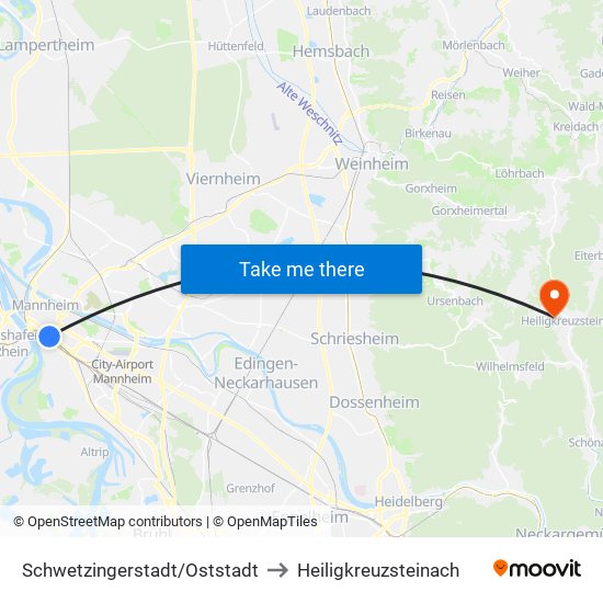 Schwetzingerstadt/Oststadt to Heiligkreuzsteinach map