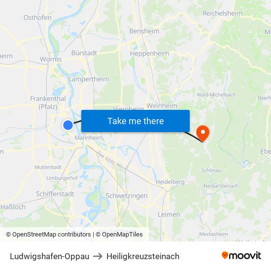 Ludwigshafen-Oppau to Heiligkreuzsteinach map